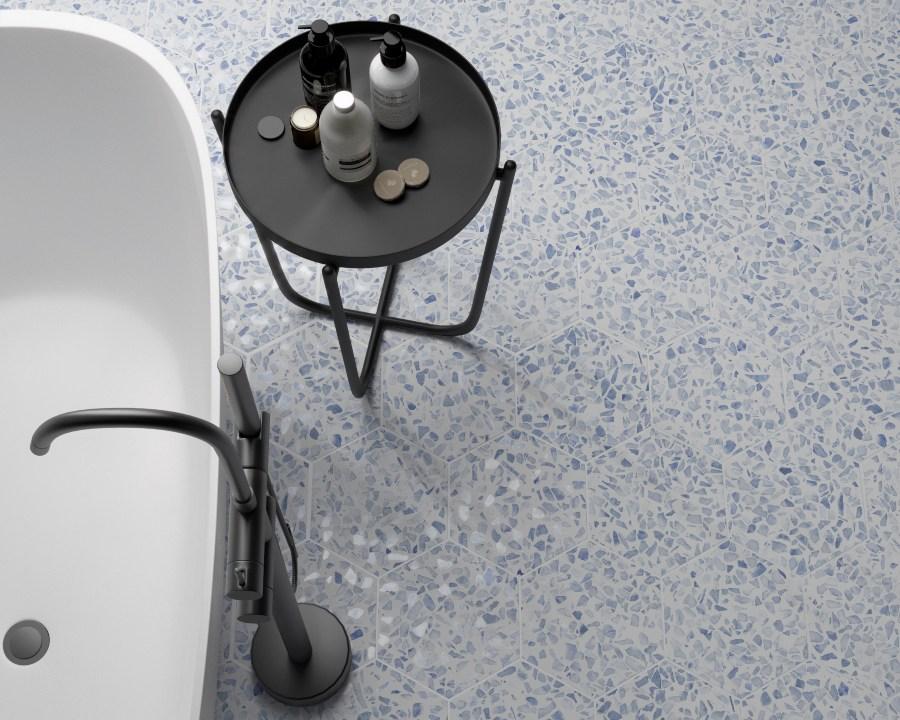 Urbanixx Gres Tarfala Bodenfliesen Terrazzooptik Hexagon Blau - Mosaikfliesen