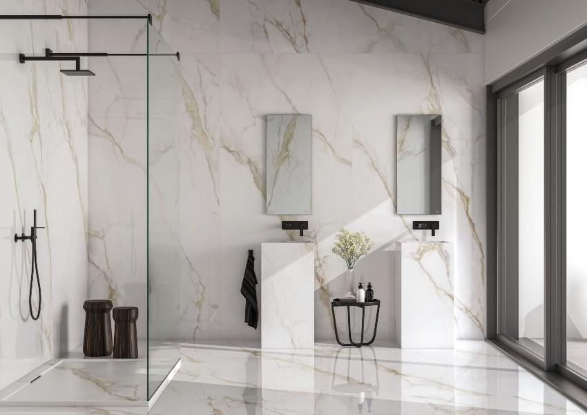 Vanezia Gres Kalmar Bodenfliesen Marmoroptik Weiß Glänzend 120x260 cm rektifiziert - Ideen für eine begehbare Dusche