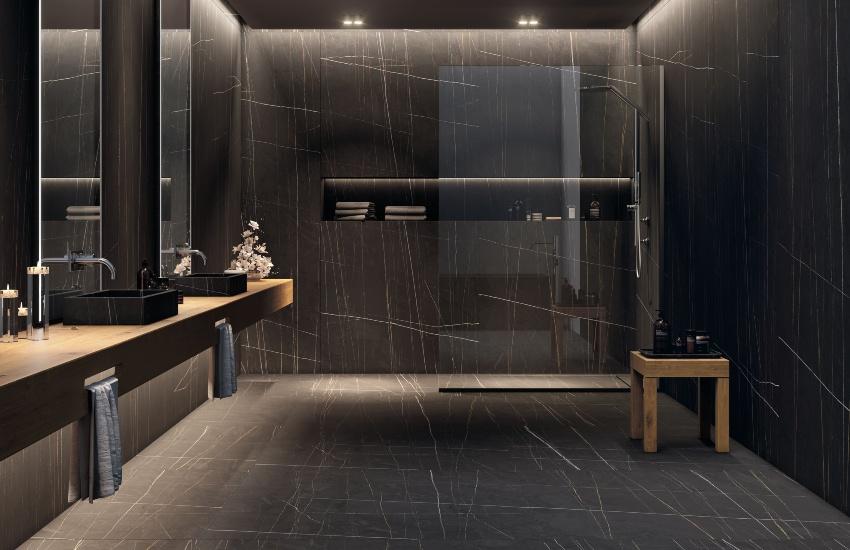 Vanezia Gres Kangos Bodenfliese Marmoroptik Schwarz Matt 120x260 cm rektifiziert - Ideen für das Fliesen Ihrer begehbaren Dusche