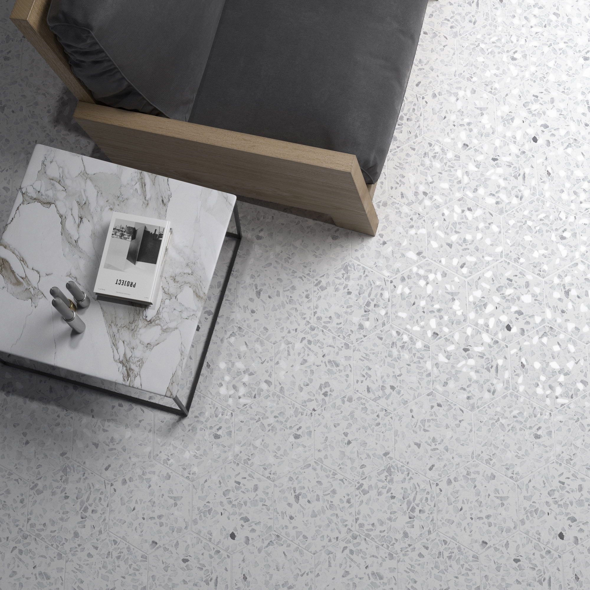 Urbanixx Gres Tarfala Bodenfliesen Terrazzooptik Hexagon Hellgrau Matt 23,2x26,7 cm rektifiziert