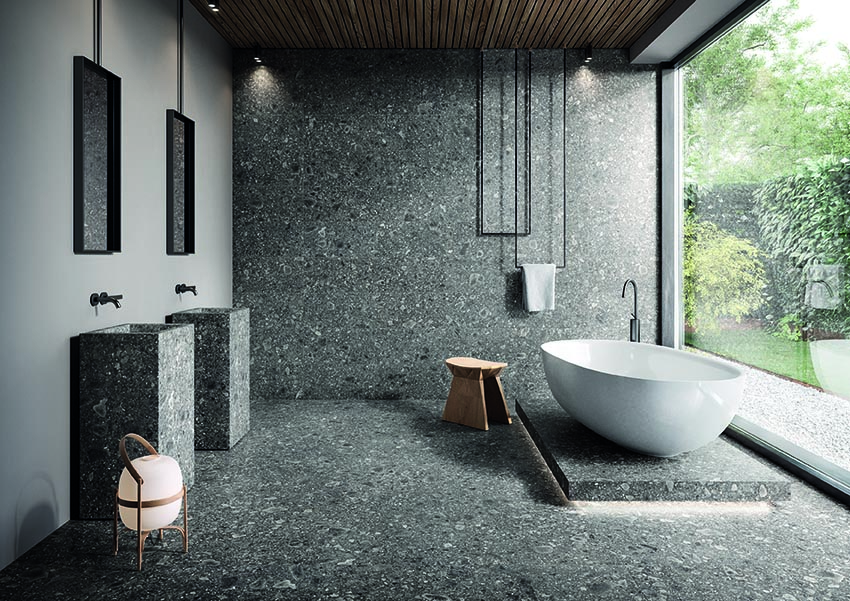 Ergon Lombarda Bodenfliese Terrazzooptik Schwarz Matt 45x90 cm rektifiziert R10B