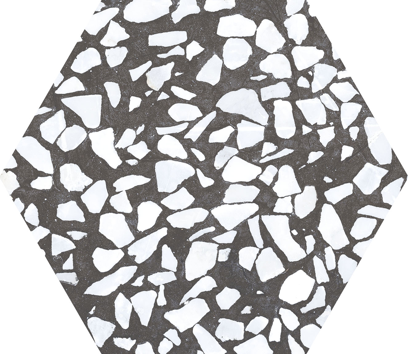 Urbanixx Gres Tarfala Bodenfliesen Terrazzooptik Hexagon Schwarz Matt 23,2x26,7 cm rektifiziert