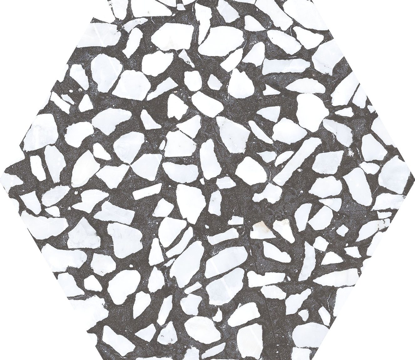 Urbanixx Gres Tarfala Bodenfliesen Terrazzooptik Hexagon Schwarz Matt 23,2x26,7 cm rektifiziert