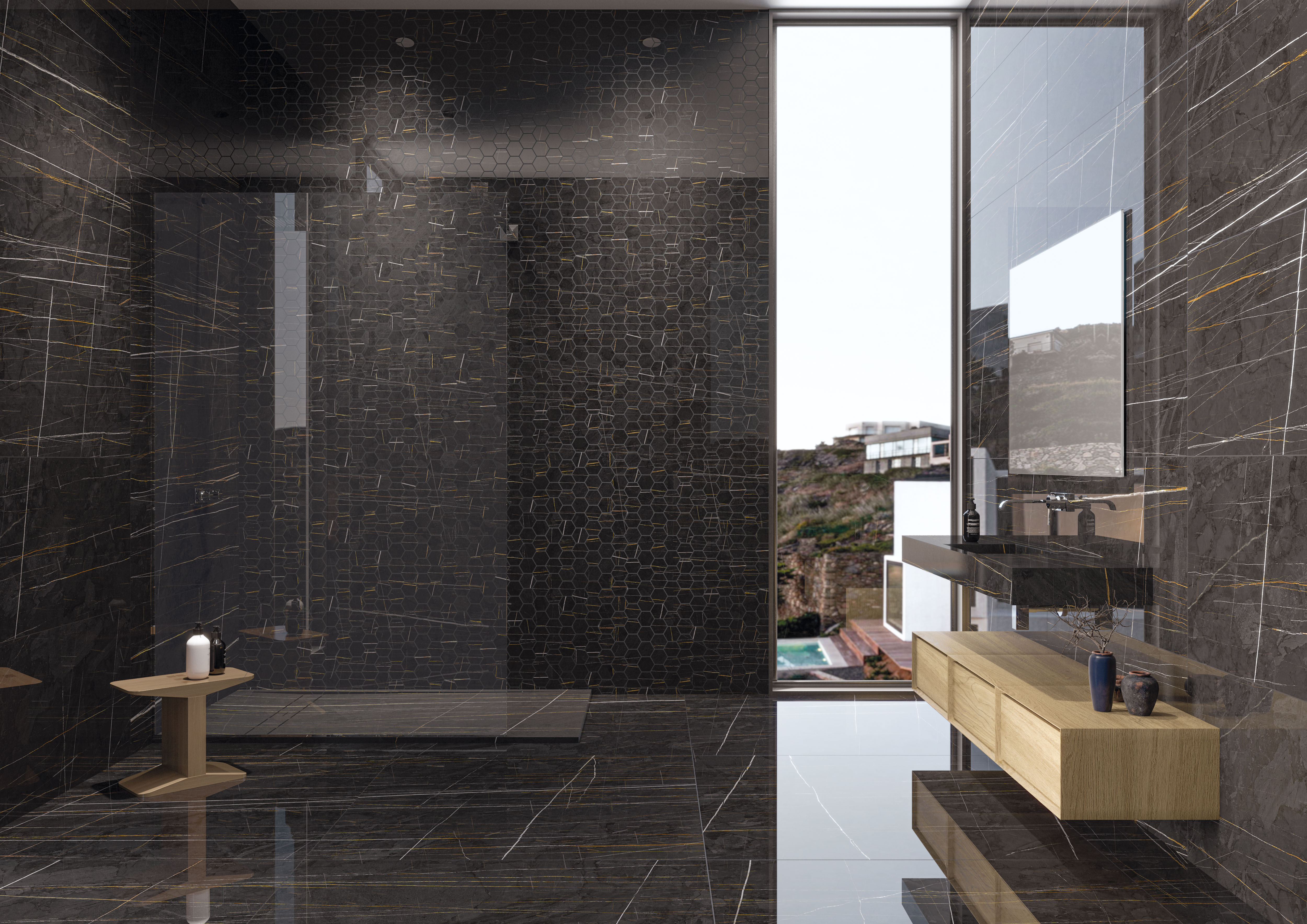 Vanezia Gres Kangos Dekore Mosaik Hexagon Marmoroptik Schwarz Matt 30x30 cm rektifiziert