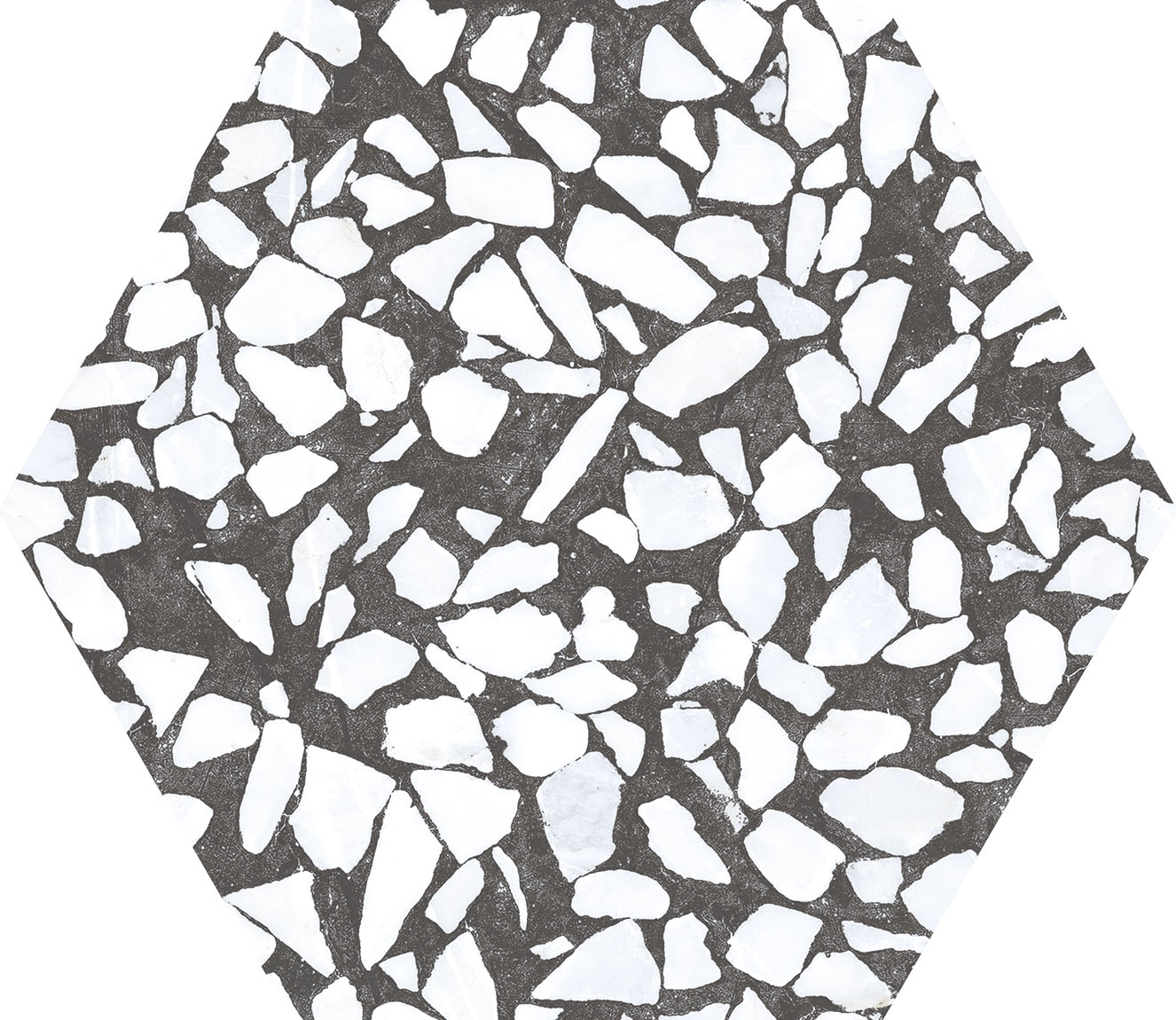 Urbanixx Gres Tarfala Bodenfliesen Terrazzooptik Hexagon Schwarz Matt 23,2x26,7 cm rektifiziert