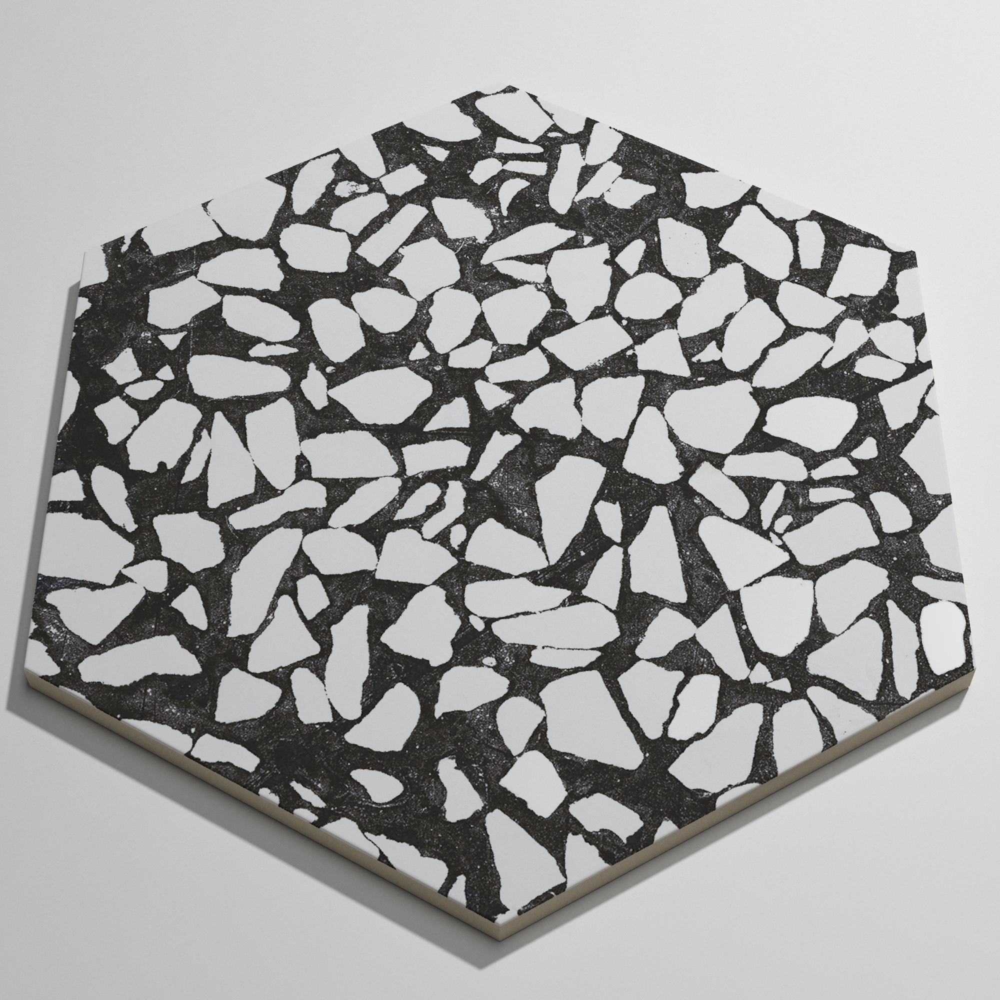 Urbanixx Gres Tarfala Bodenfliesen Terrazzooptik Hexagon Schwarz Matt 23,2x26,7 cm rektifiziert