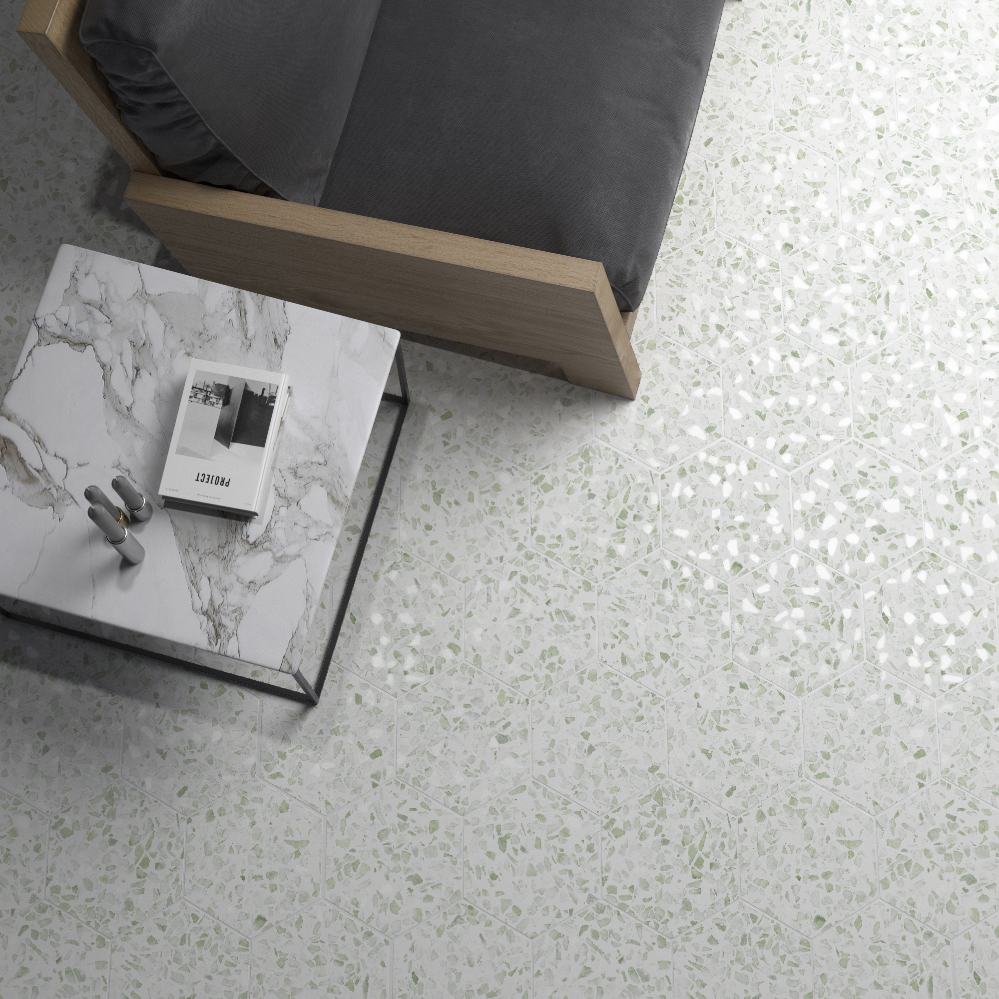 Urbanixx Gres Tarfala Bodenfliesen Terrazzooptik Hexagon Grün Matt 23,2x26,7 cm rektifiziert