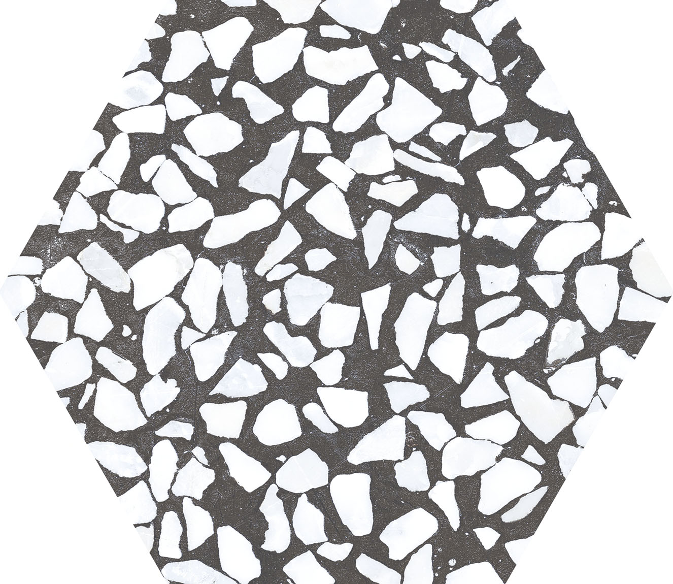 Urbanixx Gres Tarfala Bodenfliesen Terrazzooptik Hexagon Schwarz Matt 23,2x26,7 cm rektifiziert