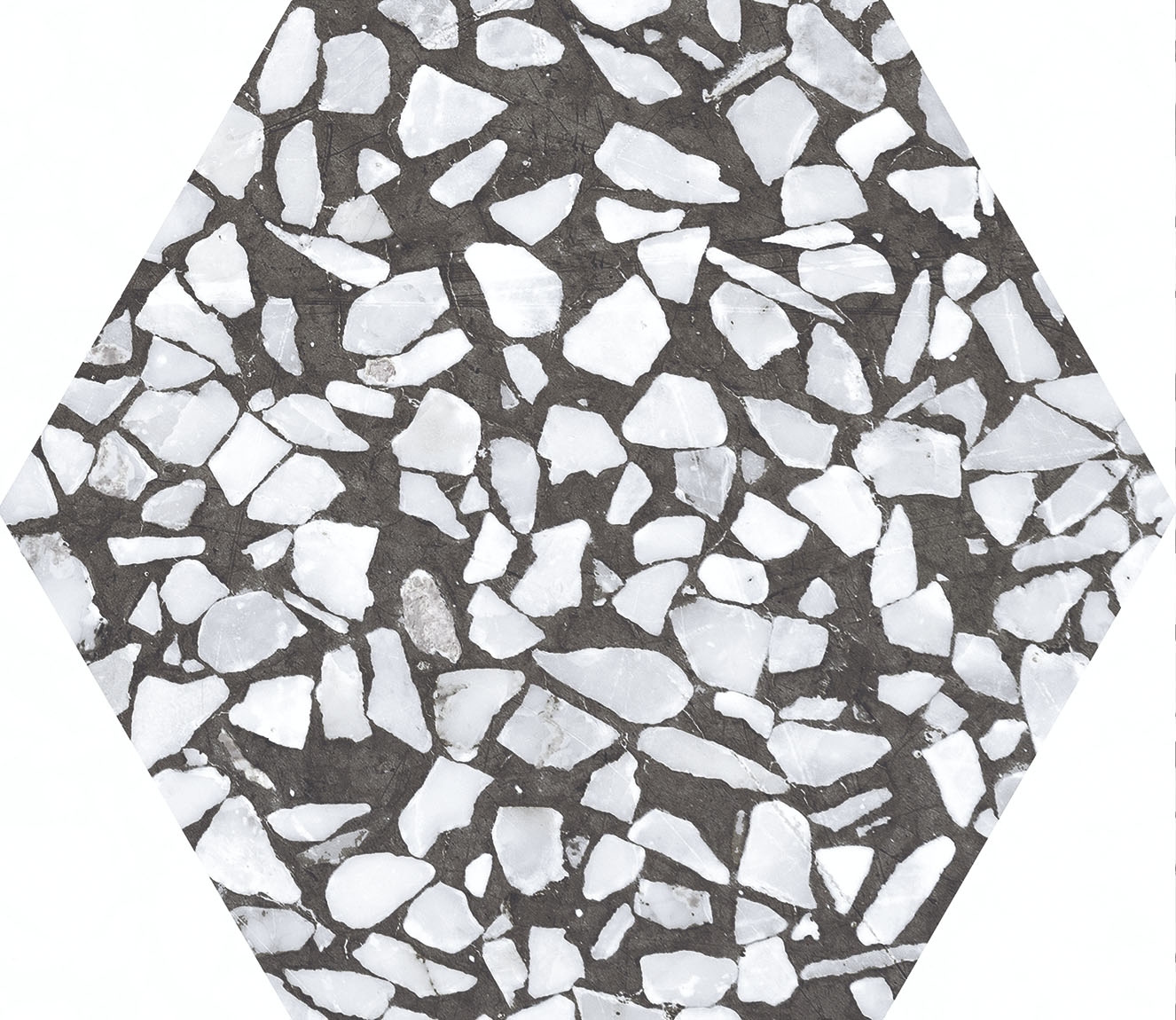 Urbanixx Gres Tarfala Bodenfliesen Terrazzooptik Hexagon Schwarz Matt 23,2x26,7 cm rektifiziert