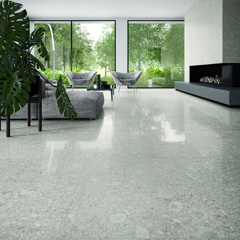 Ergon Lombarda Bodenfliese Terrazzooptik Weiß Anpoliert 45x90 cm rektifiziert R10B