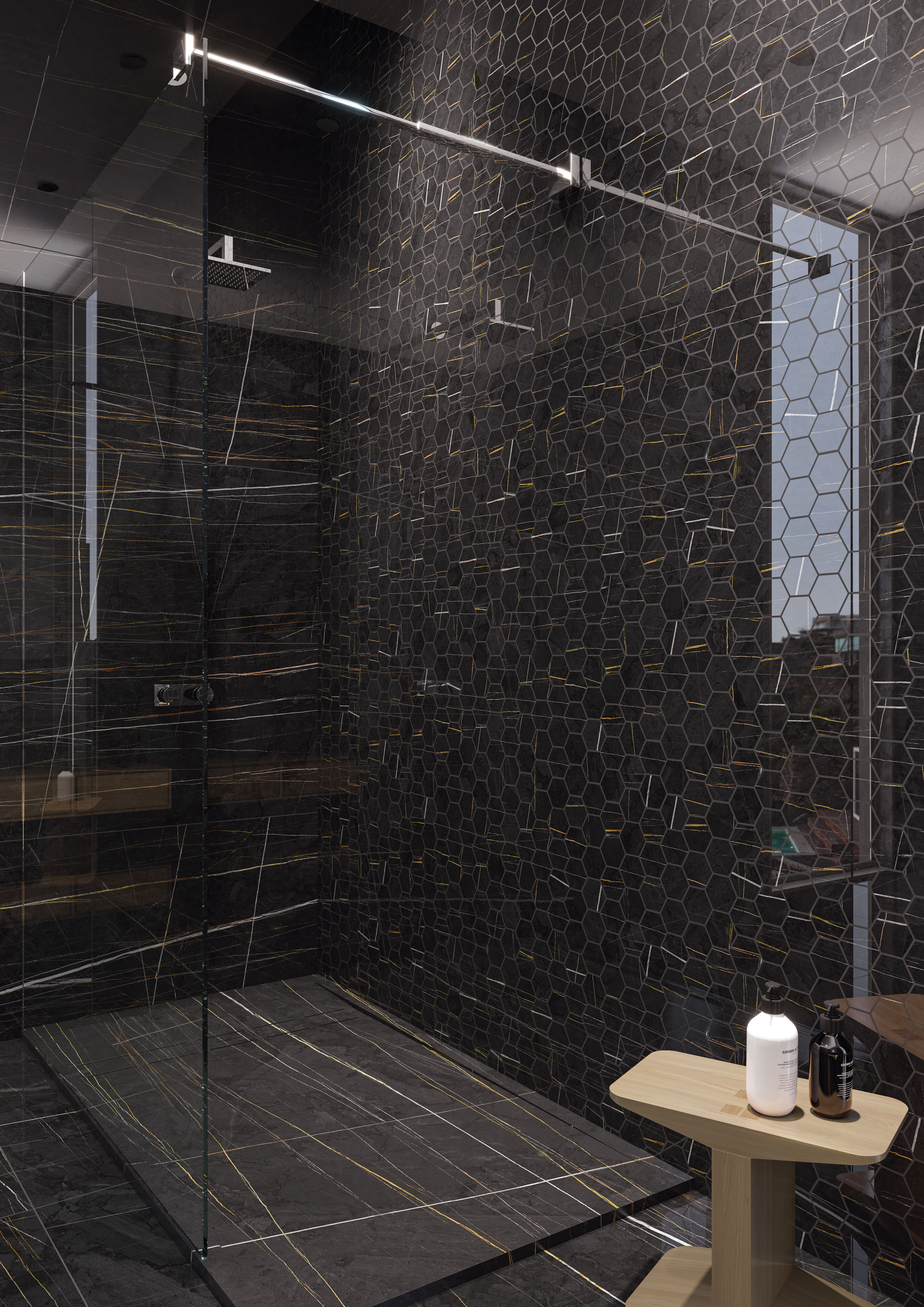 Vanezia Gres Kangos Dekore Mosaik Hexagon Marmoroptik Schwarz Glänzend 30x30 cm rektifiziert