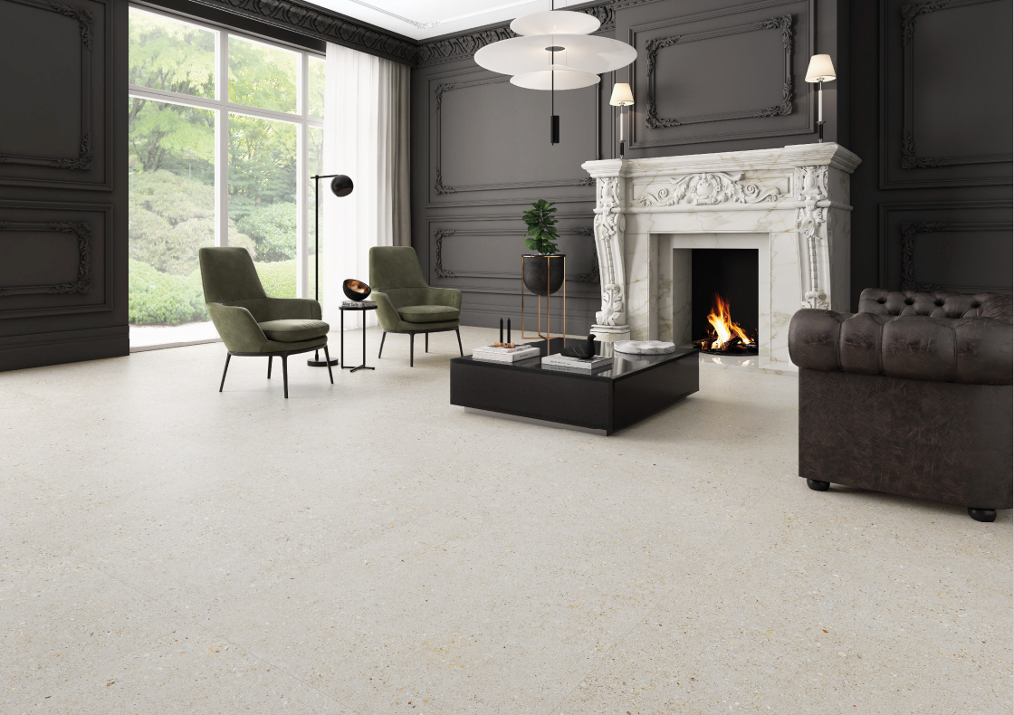 Vanezia Gres Torcello Bodenfliese Terrazzooptik Weiß Matt 100x100 cm rektifiziert R9