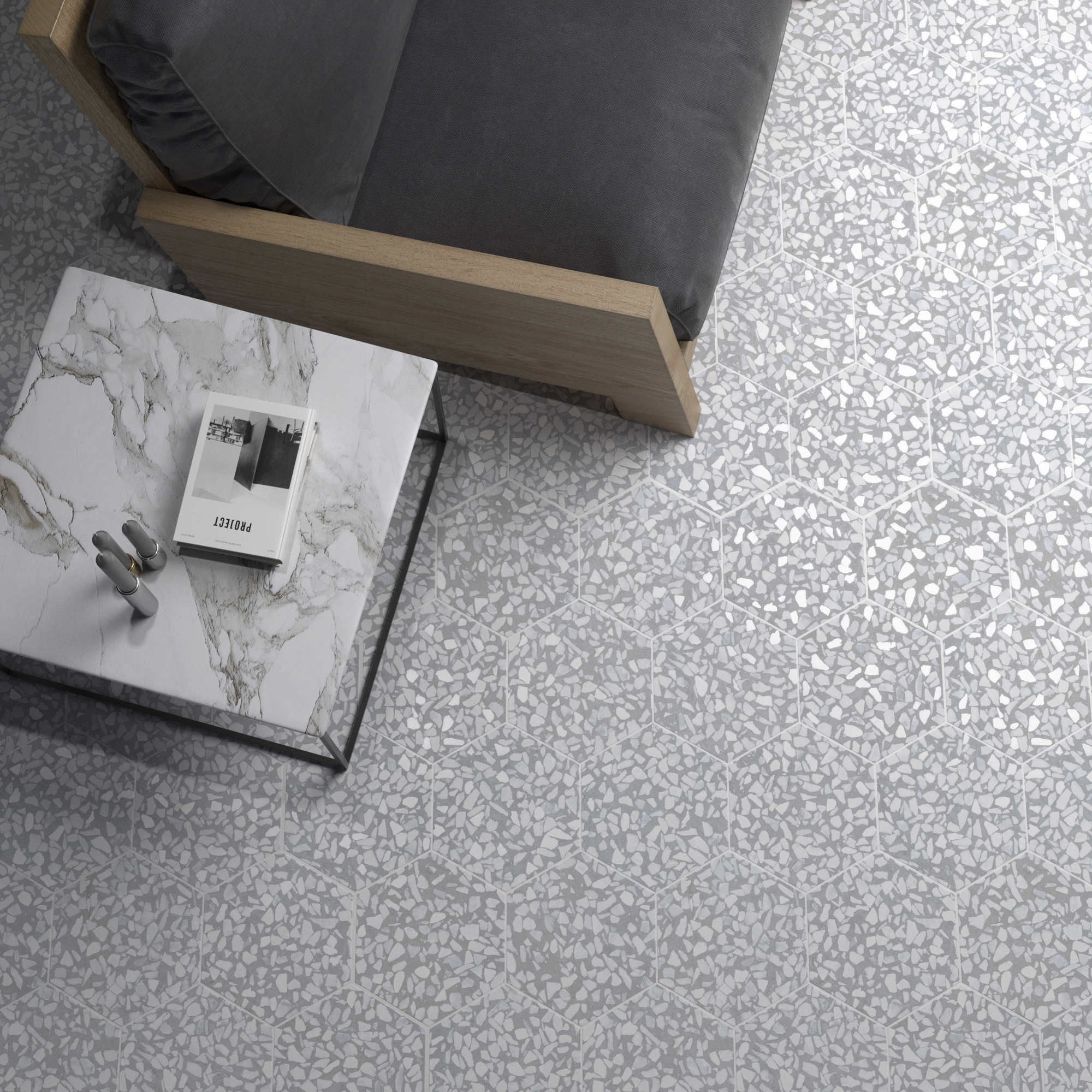 Urbanixx Gres Tarfala Bodenfliesen Terrazzooptik Hexagon Grau Matt 23,2x26,7 cm rektifiziert