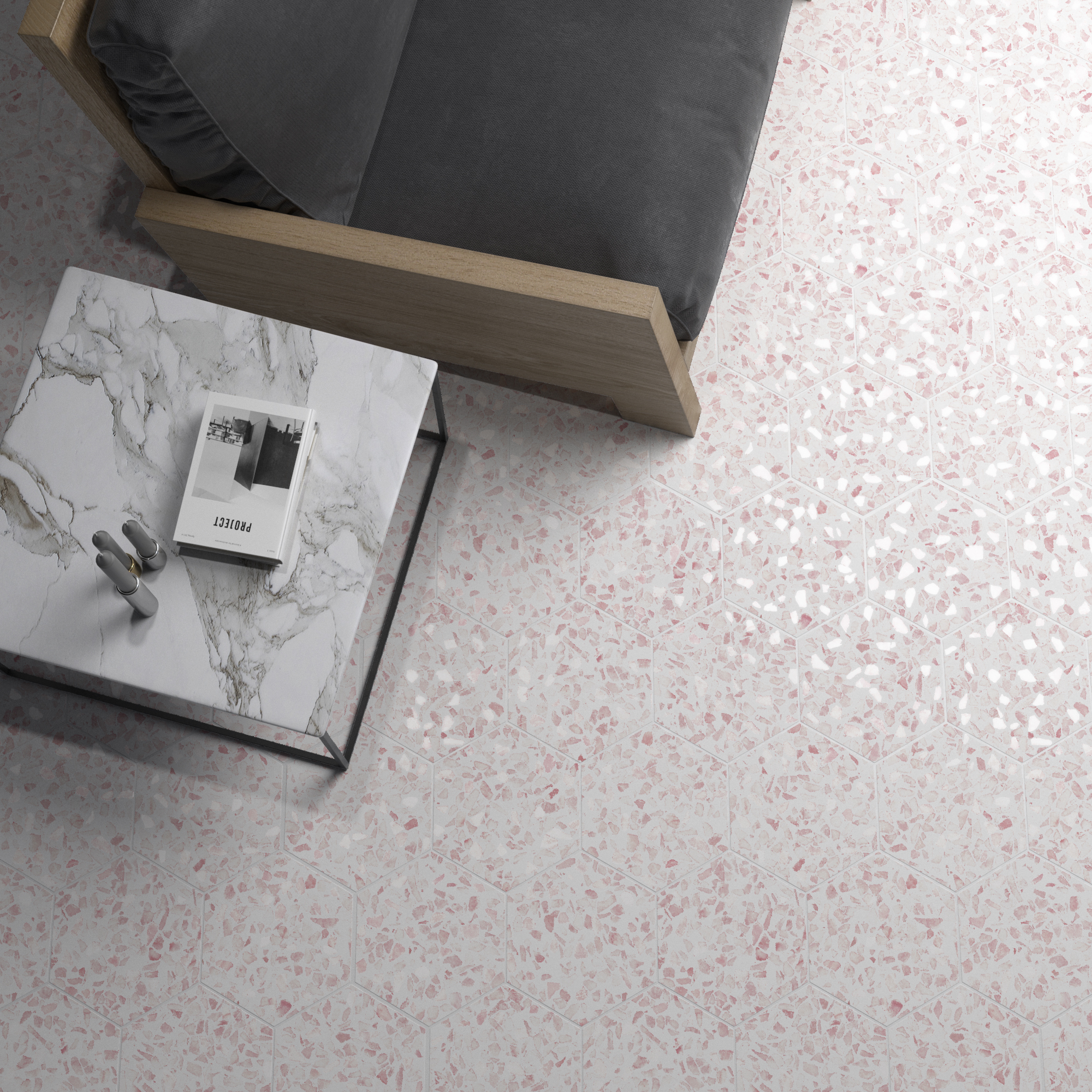 Urbanixx Gres Tarfala Bodenfliesen Terrazzooptik Hexagon Rosa Matt 23,2x26,7 cm rektifiziert