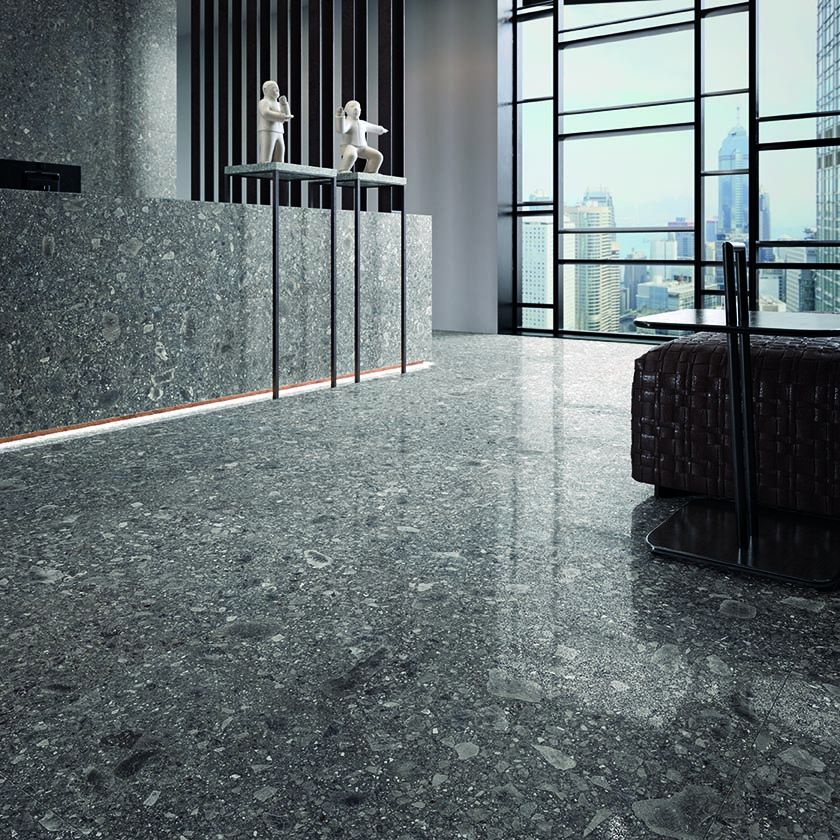Ergon Lombarda Mosaik Terrazzooptik Schwarz Anpoliert 30x60 cm rektifiziert