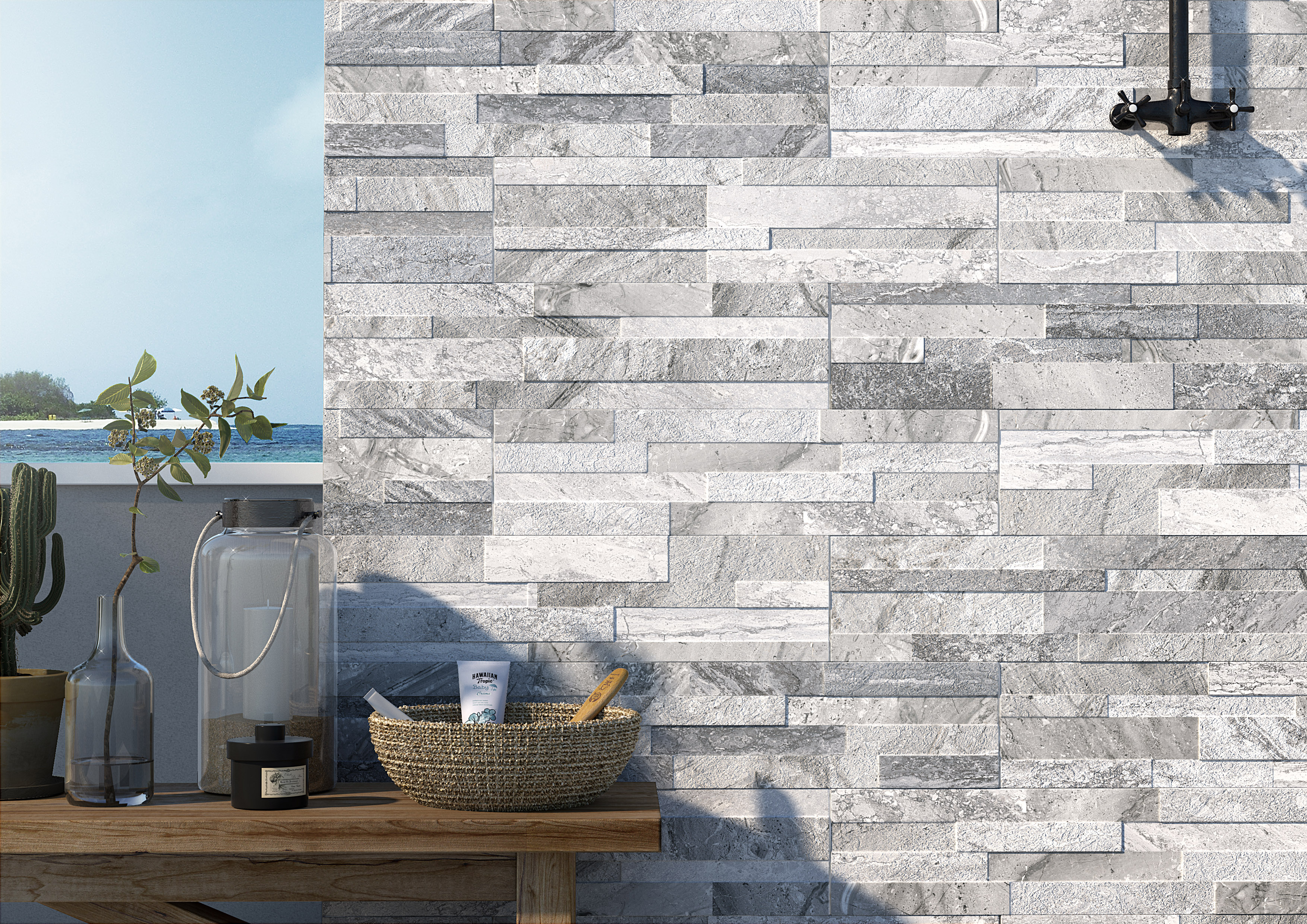 Rondine Gioia 3D Dekor Wandfliese Natursteinoptik Hellgrau Matt 15x61 cm 
