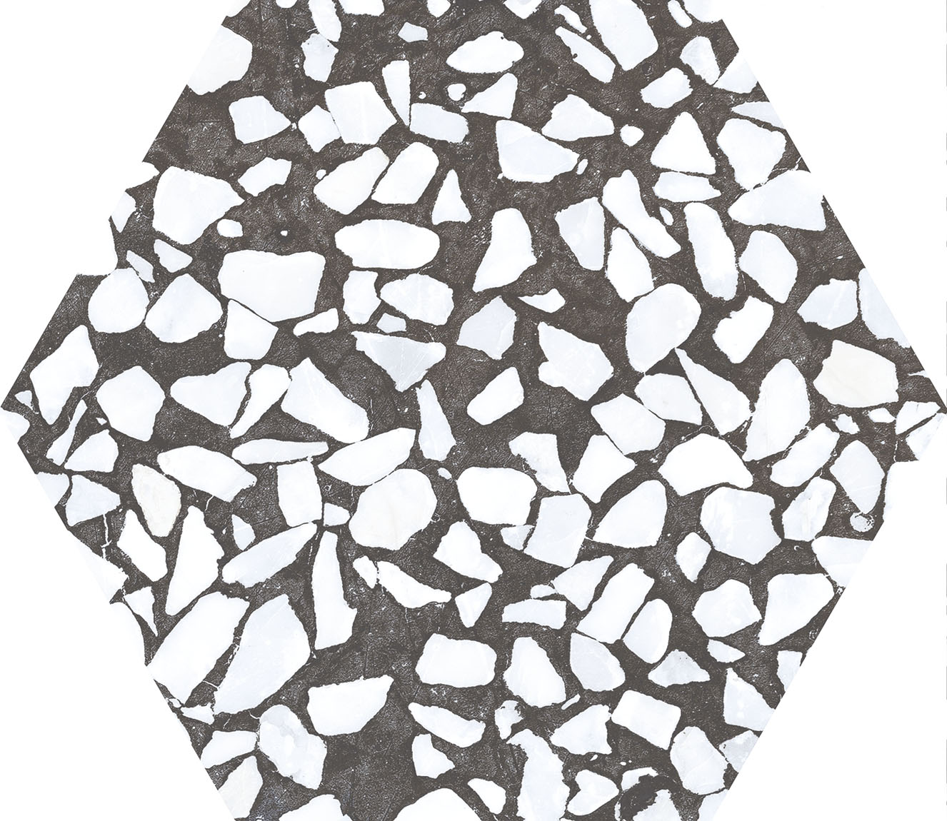 Urbanixx Gres Tarfala Bodenfliesen Terrazzooptik Hexagon Schwarz Matt 23,2x26,7 cm rektifiziert