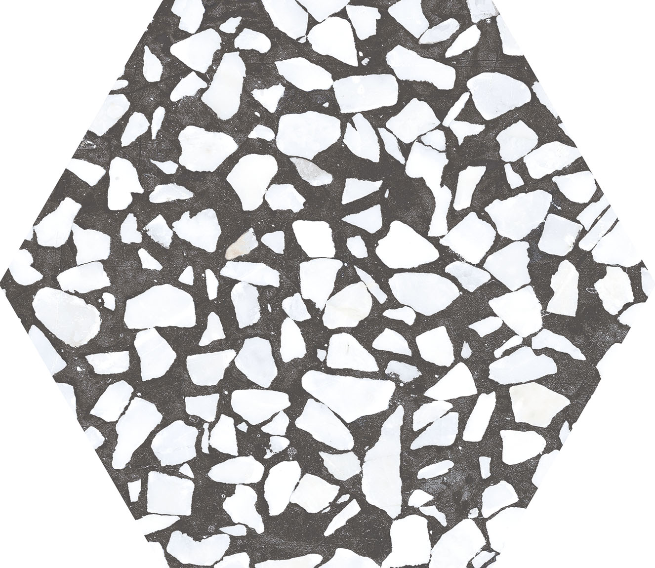 Urbanixx Gres Tarfala Bodenfliesen Terrazzooptik Hexagon Schwarz Matt 23,2x26,7 cm rektifiziert