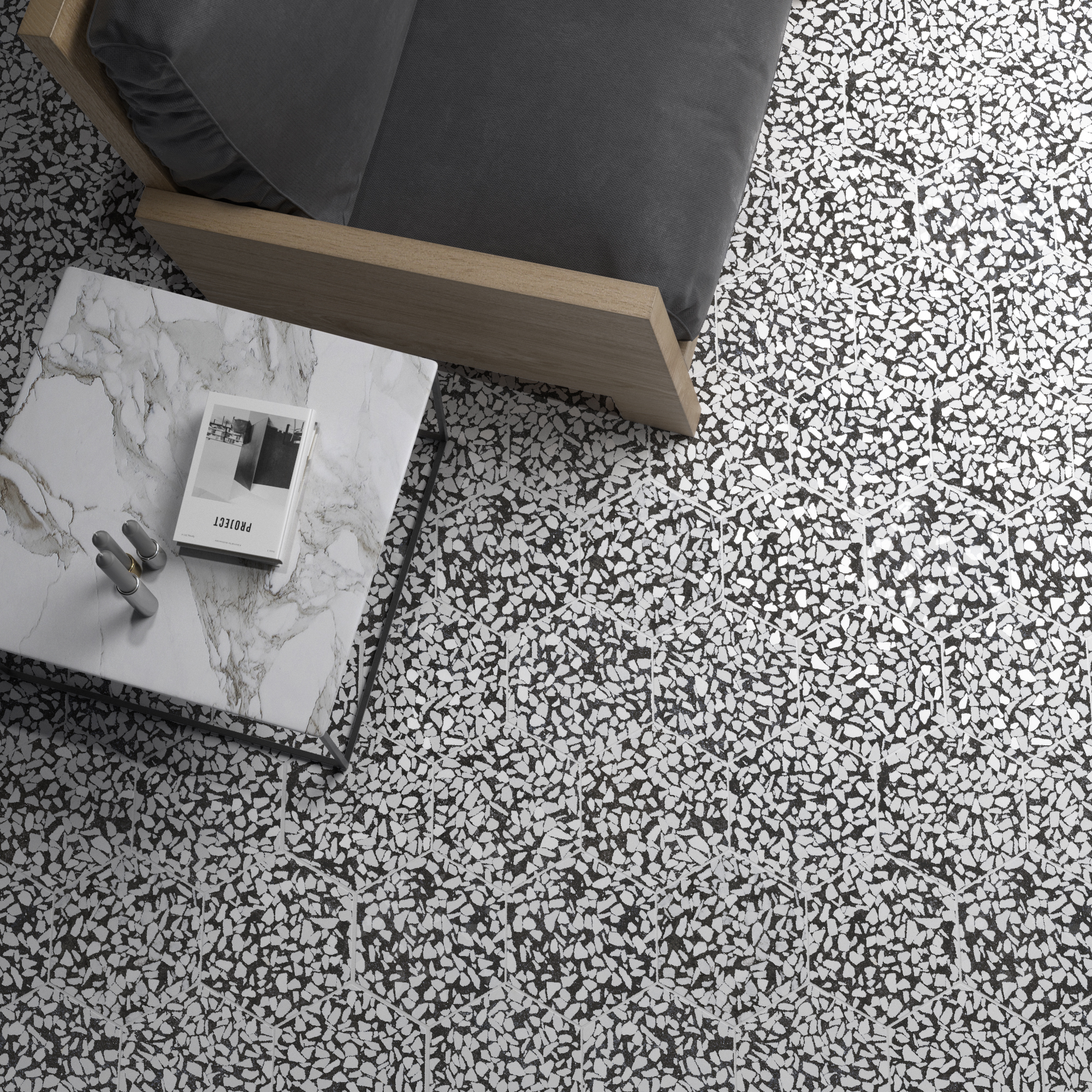 Urbanixx Gres Tarfala Bodenfliesen Terrazzooptik Hexagon Schwarz Matt 23,2x26,7 cm rektifiziert