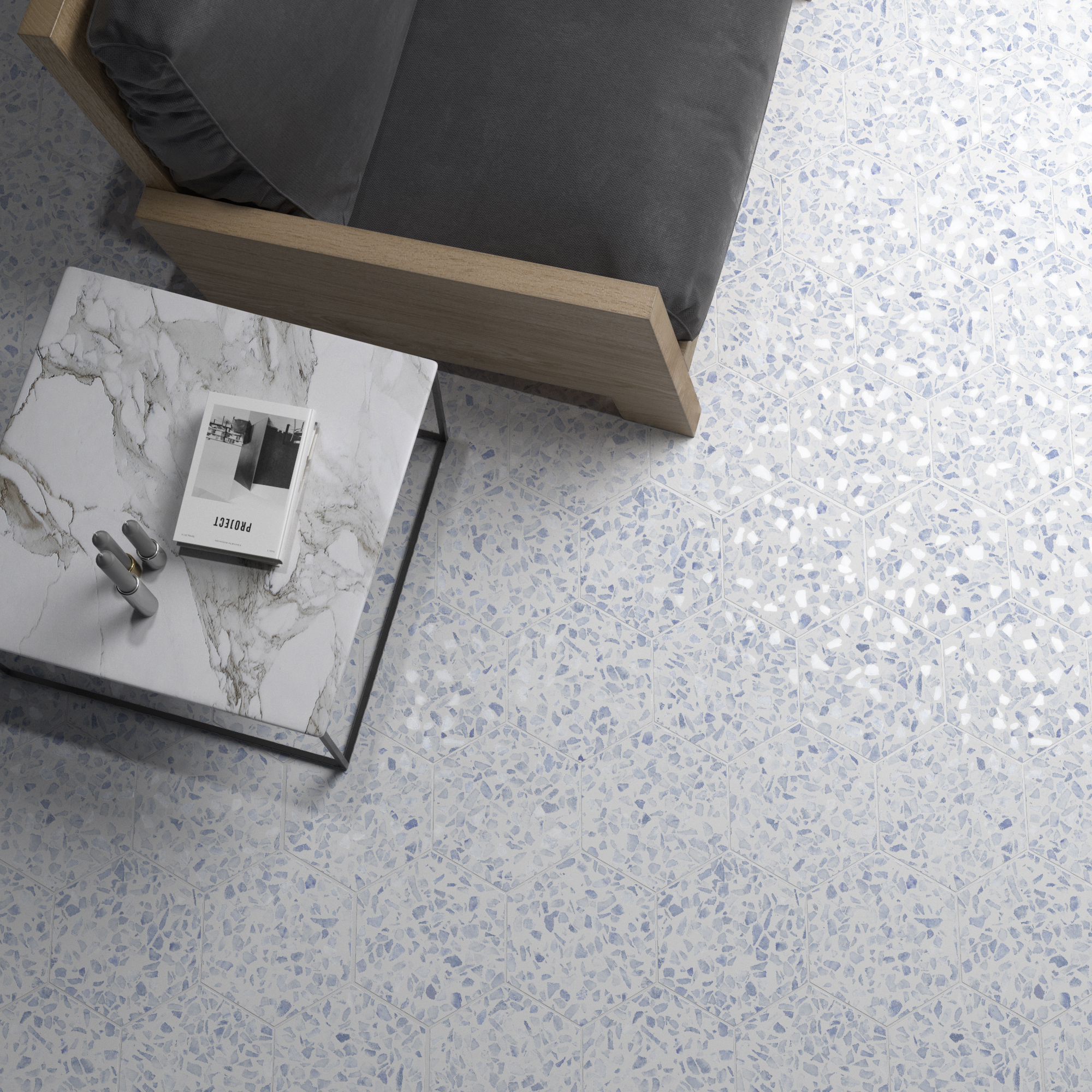 Urbanixx Gres Tarfala Bodenfliesen Terrazzooptik Hexagon Blau Matt 23,2x26,7 cm rektifiziert
