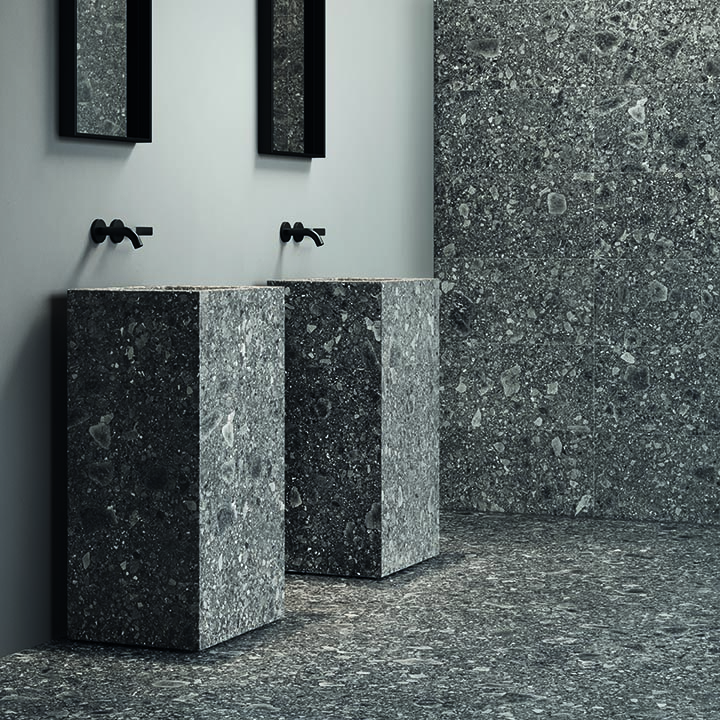Ergon Lombarda Bodenfliese Terrazzooptik Schwarz Matt 45x90 cm rektifiziert R10B