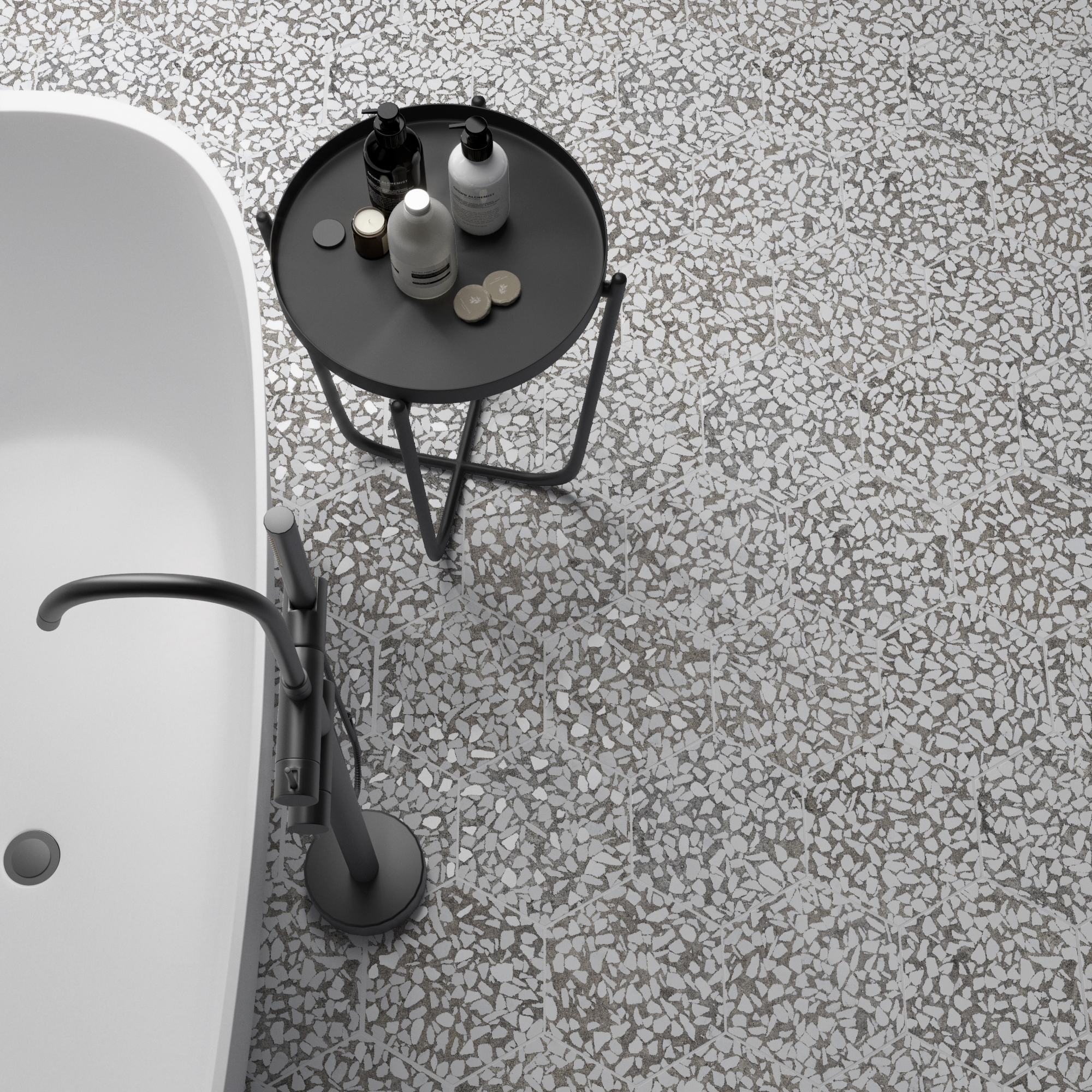 Urbanixx Gres Tarfala Bodenfliesen Terrazzooptik Hexagon Dunkelgrau Matt 23,2x26,7 cm rektifiziert